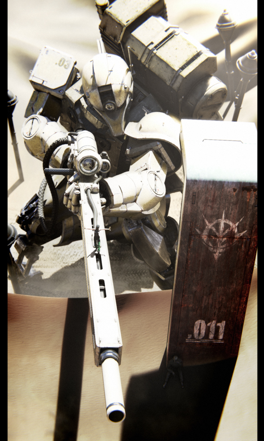 aiming, balancing, beam_rifle, cable, damaged, desert, energy_gun, green_pants, gundam, highres, igaraigara, mecha, pants, realistic, rust, sand, shadow, shield, sleeveless, weapon, zaku_i_sniper_type, zeon