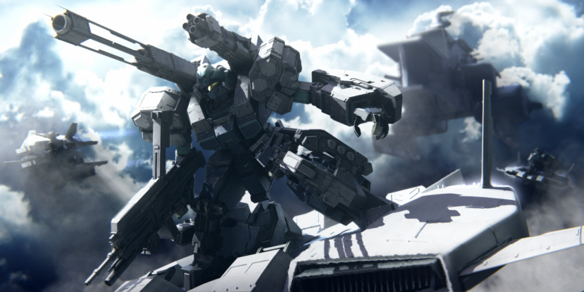aircraft, armor, base_jabber, battleship, beam_cannon, beam_rifle, clouds, commentary_request
