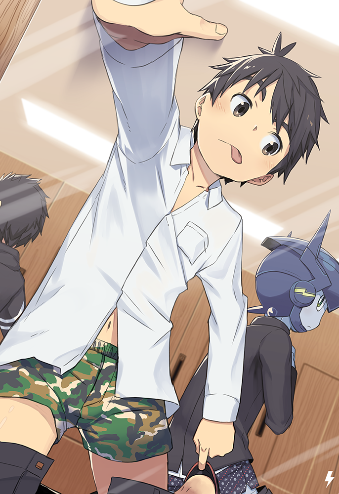 2boys, :p, adolescence_mechanix, black_hair, blush, boxers, brown_eyes, camouflage, gakuran, green_eyes, male_focus, mirror, multiple_boys, nix_(adolescence_mechanix), ooji_shousuke, robot, school_uniform, shirt, tongue, tongue_out, underwear, white_shirt, yuushitessen