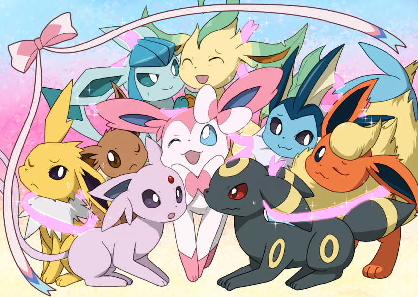 eevee, eeveelution, enon, espeon, flareon, glaceon, glitter, jolteon, leafeon, nintendo, no_humans, one_eye_closed, pokemon, pokemon_(creature), pokemon_(game), ribbon, sweatdrop, sylveon, umbreon, vaporeon