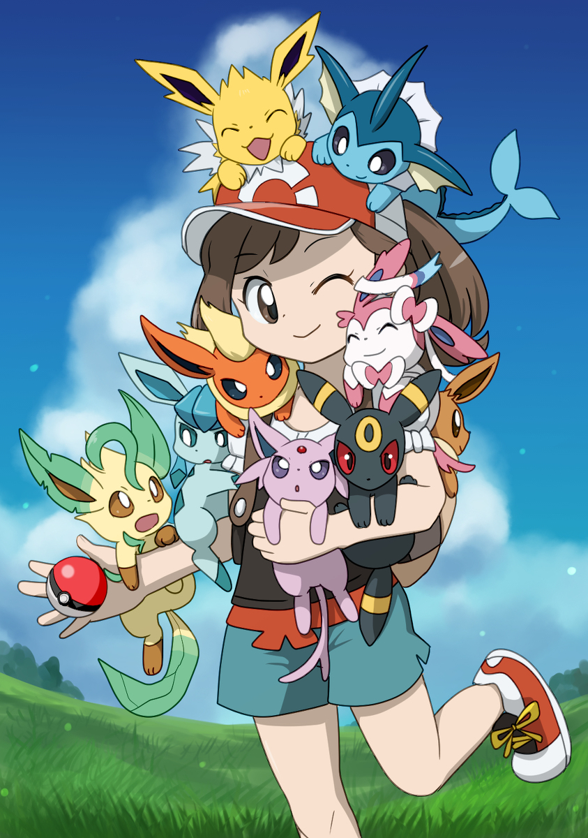1girl, cap, eevee, eeveelution, enon, espeon, female_protagonist_(pokemon_lgpe), flareon, glaceon, grasslands, hat, jolteon, leafeon, looking_at_viewer, one_eye_closed, one_leg_raised, poke_ball, pokemon, pokemon_(creature), pokemon_(game), pokemon_on_arm, pokemon_on_shoulder, sky, sylveon, umbreon, vaporeon