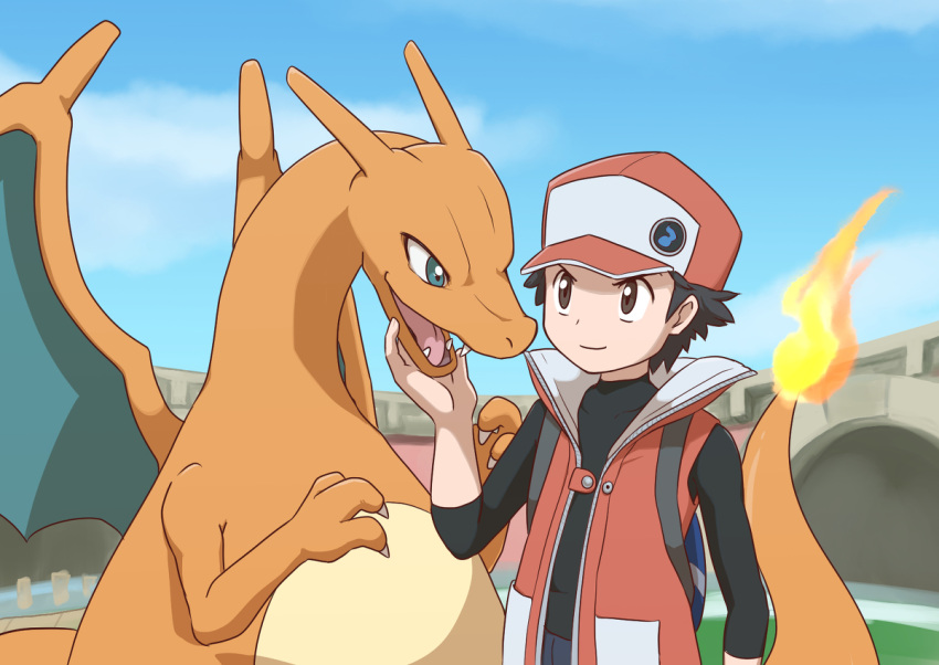 1boy, backpack, black_hair, blue_eyes, brown_eyes, cap, charizard, enon, fangs, hand_on_another&amp;#039;s_chin, hat, long_sleeves, looking_at_each_other, pokemon, pokemon_(creature), pokemon_(game), red_(pokemon), smirk, tongue, vest