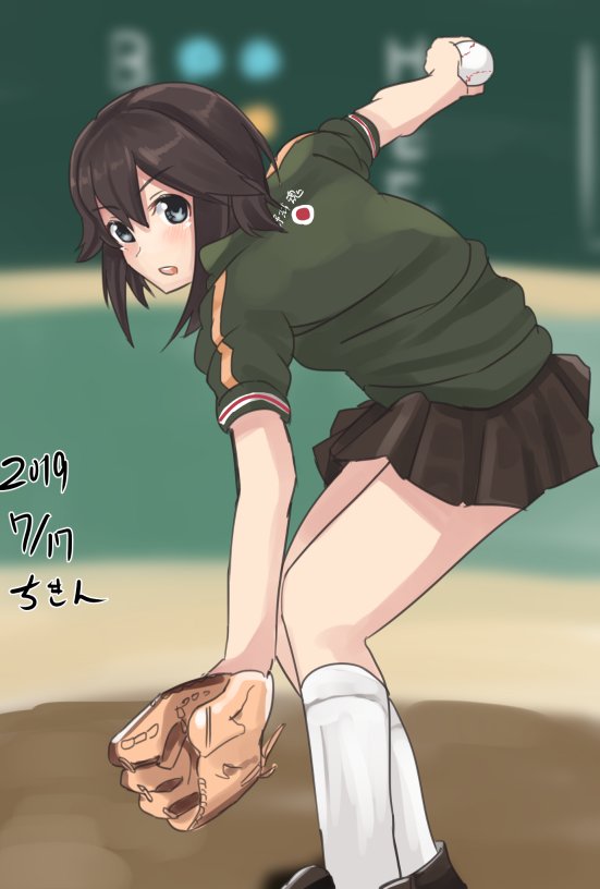 1girl, artist_name, baseball_mitt, black_hair, black_skirt, blurry, chicken_(chickenx), commentary_request