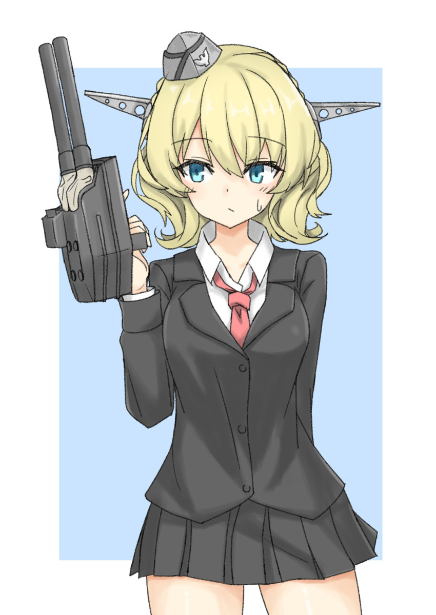 1girl, adapted_turret, black_jacket, black_skirt, blazer, blonde_hair, blue_background, blue_eyes, border, cannon, colorado_(kantai_collection), commentary_request, cowboy_shot, formal, garrison_cap, hat, headgear, highres, jacket, kantai_collection, looking_to_the_side, necktie, pleated_skirt, red_neckwear, school_uniform, short_hair, side_braids, skirt, skirt_suit, solo, standing, suit, turret, two-tone_background, umino_ht, white_border