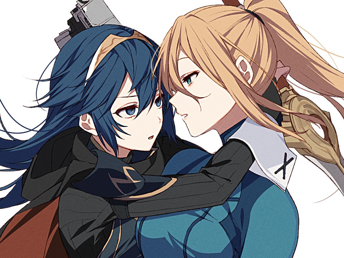 2girls, adult, armor, blonde_hair, blue_bodysuit, blue_eyes, blue_hair, blush, bodysuit, breasts, cape, falchion_(fire_emblem), fire_emblem, fire_emblem:_kakusei, fire_emblem_awakening, fire_emblem_heroes, gloves, gun, hair_between_eyes, hair_ornament, handgun, high_ponytail, hug, impossible_bodysuit, impossible_clothes, intelligent_systems, long_hair, lucina, metroid, mole, mole_under_mouth, multiple_girls, nintendo, nintendo_ead, ponytail, retro_studios, ryon_(ryonhei), samus_aran, shiny, shiny_clothes, simple_background, skin_tight, sora_(company), super_smash_bros., super_smash_bros._ultimate, super_smash_bros_brawl, super_smash_bros_legacy_xp, sword, teenage, tiara, weapon, yuri, zero_suit