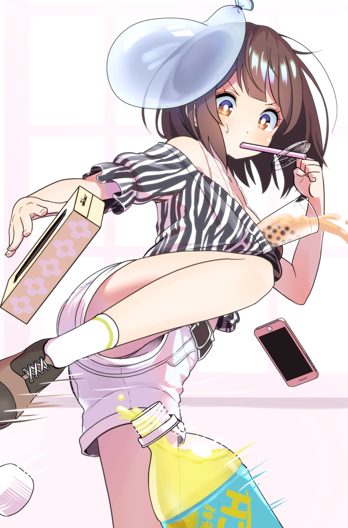 1girl, balloon, bangs, bare_shoulders, belt, belt_buckle, blush, bottle