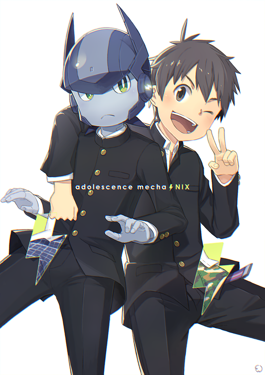 2boys, adolescence_mechanix, arm_around_shoulder, boxers, briefs, brown_eyes, brown_hair, chromatic_aberration