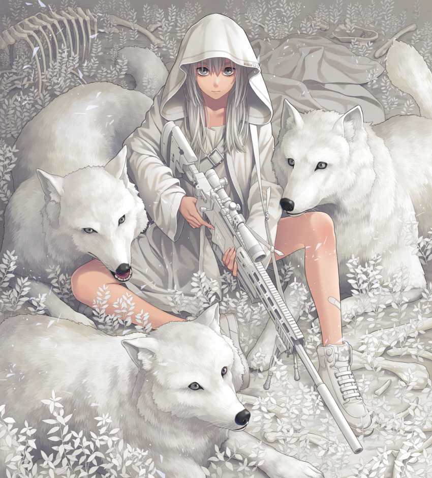 1girl, ankle_boots, bandaid, bone, boots, gun, highres, hood