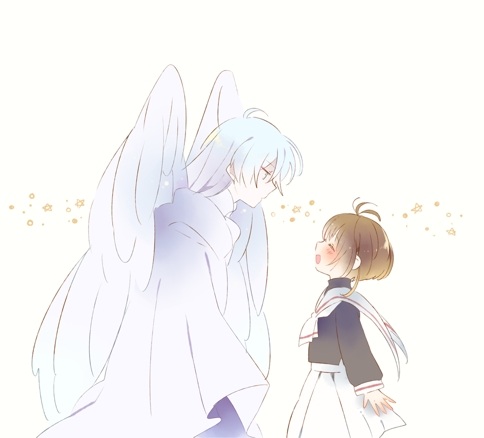 1boy, 1girl, ^_^, ahoge, angel_wings, arms_at_sides, ascot, black_blouse, blouse, blue_eyes, blush, brown_hair, cardcaptor_sakura, child, closed_eyes, expressionless, facing_another, from_side, futong_jun, gradient_hair, happy, height_difference, jitome, kinomoto_sakura, long_hair, long_sleeves, looking_at_another, multicolored_hair, open_mouth, parted_lips, pleated_skirt, profile, puffy_sleeves, sailor_collar, school_uniform, serafuku, short_hair, simple_background, skirt, sleeve_cuffs, smile, star, tomoeda_elementary_school_uniform, turtleneck, white_background, white_hair, white_neckwear, white_sailor_collar, wings, yue_(ccs), |d