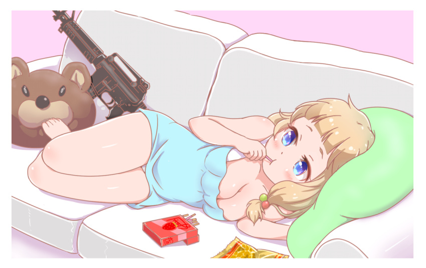 aqua_dress, assault_rifle, barefoot, bear, blonde_hair, blouse, blue_eyes, breasts