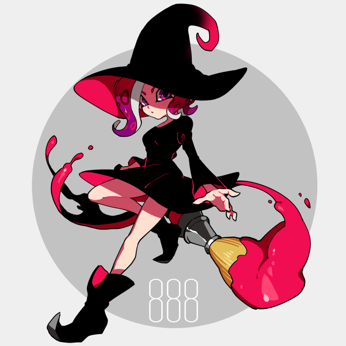 1girl, black_dress, black_footwear, black_headwear, broom, broom_riding, commentary, dress