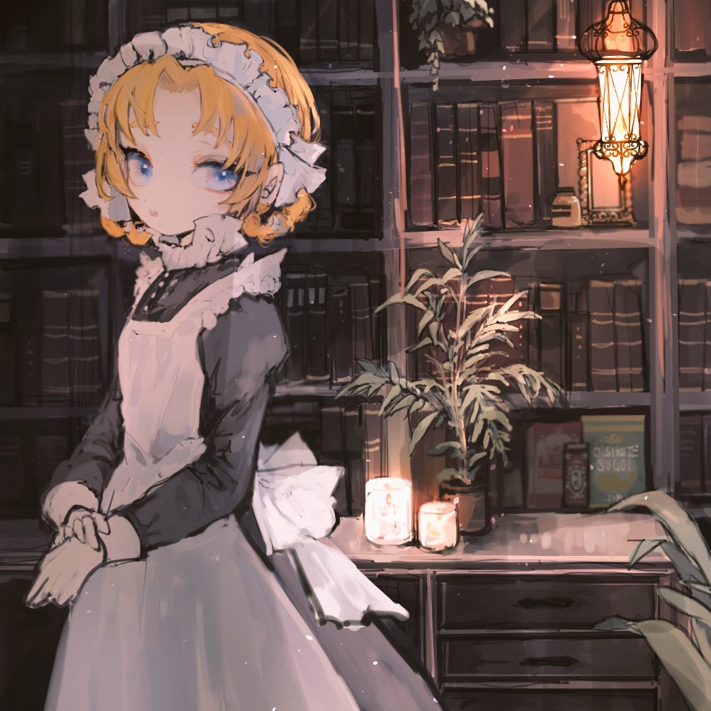 1girl, 32_(rt_32_bbk), bangs, blue_eyes, book, bookshelf, bottle, braid