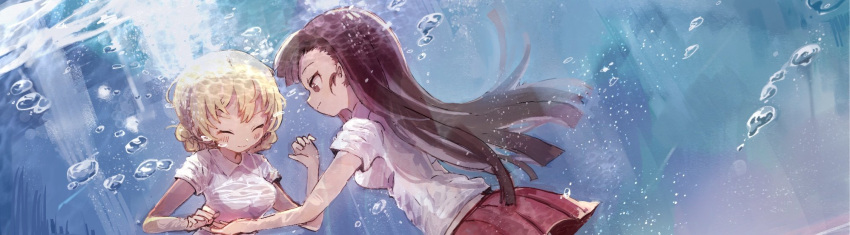 2girls, 32_(rt_32_bbk), bangs, black_hair, blonde_hair, blunt_bangs, blunt_ends, blush