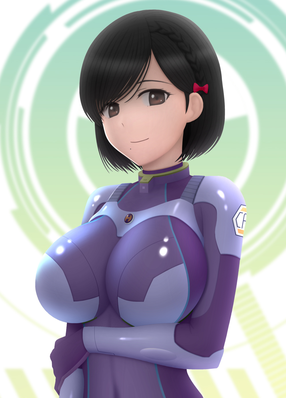 1girl, arm_under_breasts, black_hair, bodysuit, bow, braid, breasts, brown_eyes
