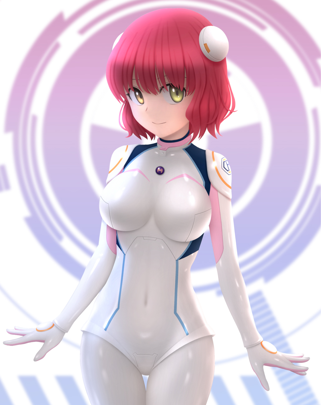 1girl, aries_spring, bangs, bodysuit, breasts, covered_navel, cowboy_shot, green_eyes