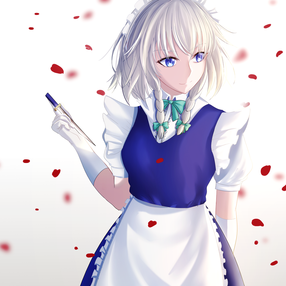1girl, amberdl, apron, arm_behind_back, bangs, blue_dress, blue_eyes, bow