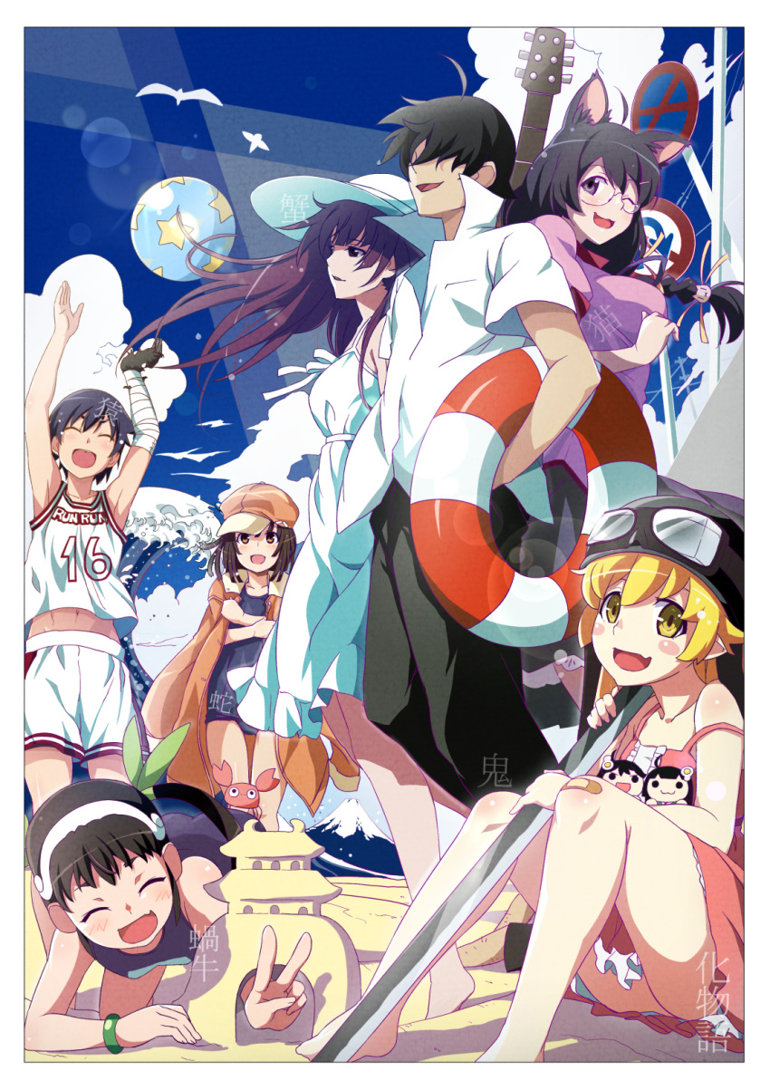 1boy, 6+girls, animal_ears, araragi_karen, araragi_koyomi, araragi_tsukihi, ball, bandaged_arm