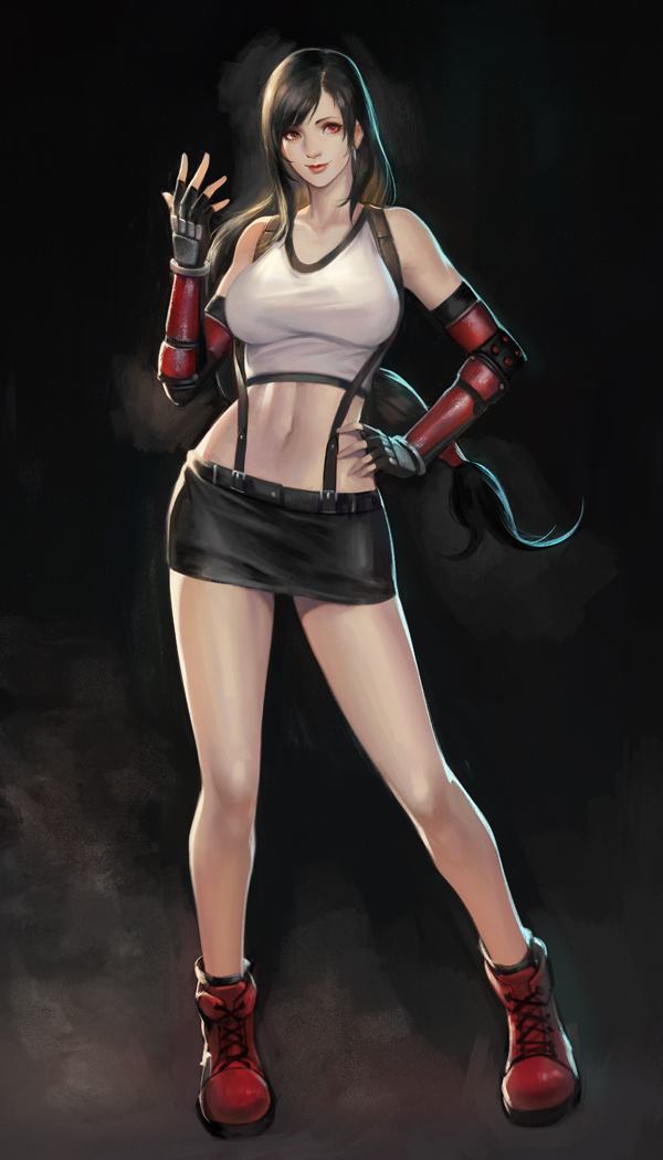 1girl, abs, bare_shoulders, belt, bike_shorts, black_hair, black_skirt, breasts
