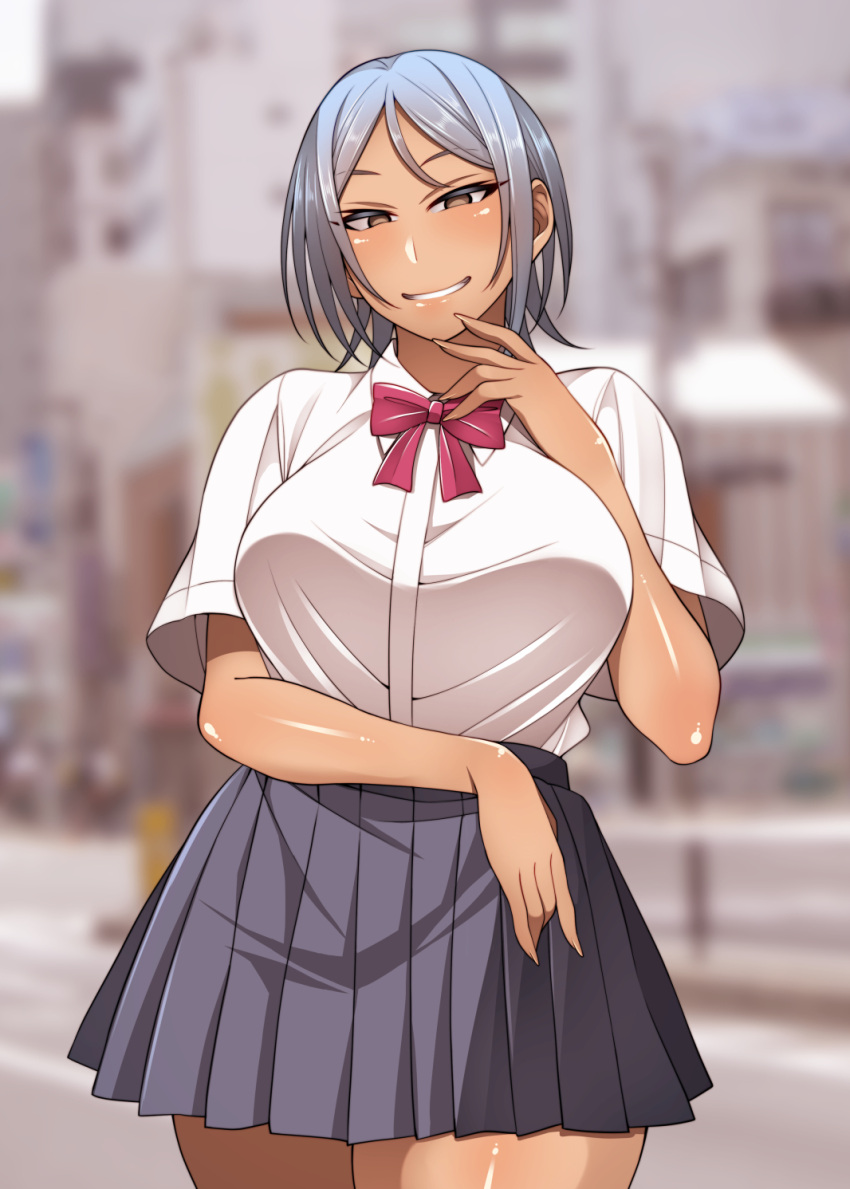 1girl, blurry, blurry_background, bow, bowtie, breasts, brown_eyes, collared_shirt
