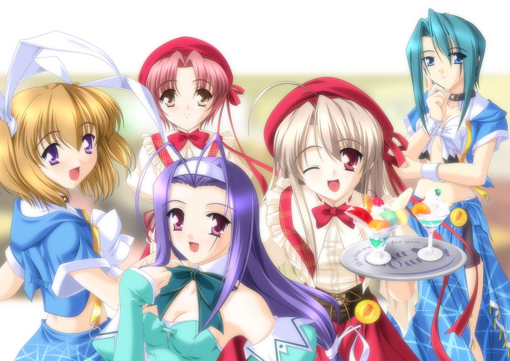 aizawa_tomomi, akino_shin, animal_ears, antenna_hair, aqua_hair, banana, beret, blonde_hair, blue_eyes, blue_hair, bow, breasts, bunny_ears, cherry, cleavage, dessert, detached_sleeves, everyone, food, fruit, hair_ribbon, hairband, hat, iwakura_natsuki, kamizuka_yuki, long_hair, midriff, multiple_girls, pia_carrot, pia_carrot_(series), pia_carrot_3, pia_carrot_e_youkoso!!_3, pink_hair, purple_eyes, purple_hair, rabbit_ears, red_eyes, ribbon, shima_noriko, short_hair, short_twintails, silver_hair, smile, takai_sayaka, tray, twintails, waitress, wink