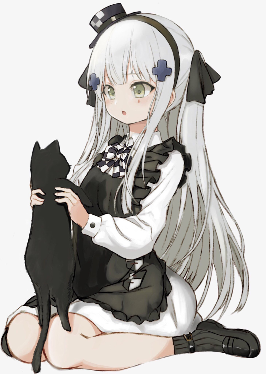 1girl, animal, apron, bangs, black_apron, black_cat, black_headwear, black_legwear