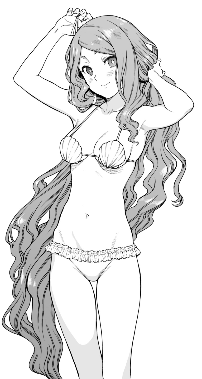 1girl, absurdres, adjusting_hair, arms_up, bikini, breasts, feet_out_of_frame, frilled_bikini