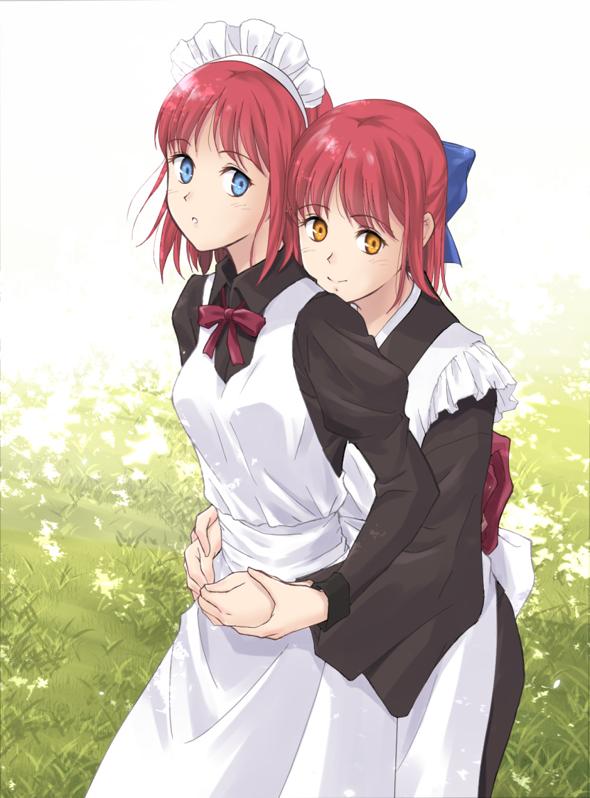 2girls, :o, akizuki565602, apron, bangs, blue_eyes, blush, bow, bowtie, breasts, carnival_phantasm, cute, dappled_sunlight, day, dress, eyebrows_visible_through_hair, frilled_apron, frills, grass, hair_bow, highres, hisui, holding_hands, hug, hug_from_behind, j.c._staff, japanese_clothes, kimono, kohaku, looking_at_viewer, maid, maid_apron, maid_headdress, multiple_girls, orange_eyes, outdoors, pink_hair, puffy_sleeves, revision, siblings, sidelocks, sisters, smile, sunlight, tsukihime, type-moon, wa_maid, wide_sleeves