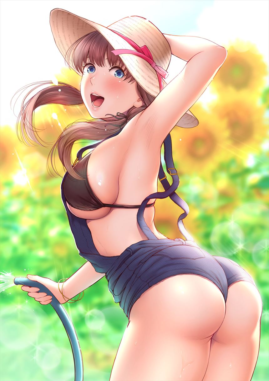 1girl, :d, arm_up, armpits, ass, bangs, bikini, bikini_under_clothes