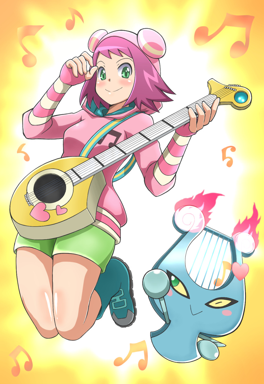 1girl, blush, boots, breasts, capcom, fingerless_gloves, gloves, green_eyes, green_shorts, guitar, harp_(ryuusei_no_rockman), heart, hibiki_misora, highres, hood, hoodie, instrument, legs_together, musical_note, noburockman, purple_hair, rockman, ryuusei_no_rockman, short_hair, shorts, small_breasts, smile, striped, striped_gloves