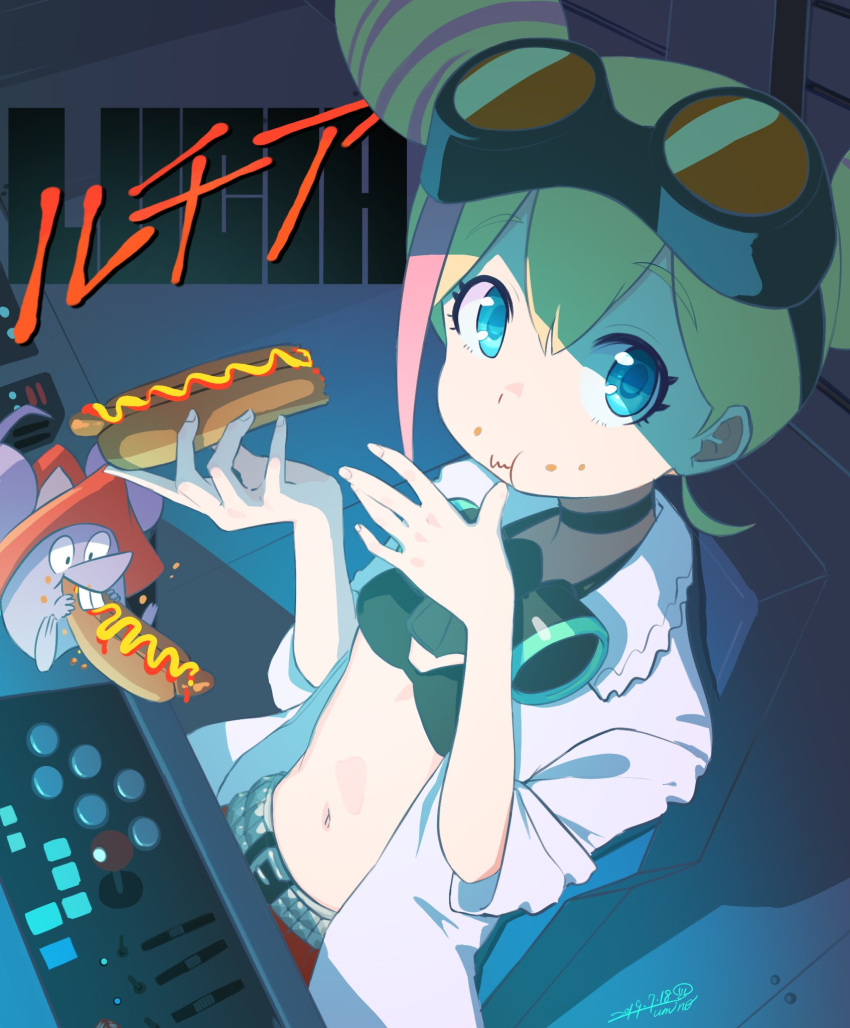 1girl, bikini_top, blonde_hair, blue_eyes, crumbs, double_bun, eating, gloves