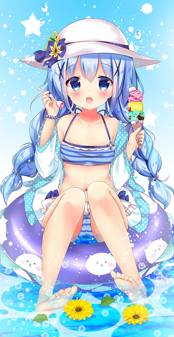1girl, :d, bangs, bare_legs, bare_shoulders, barefoot, bikini, bikini_skirt