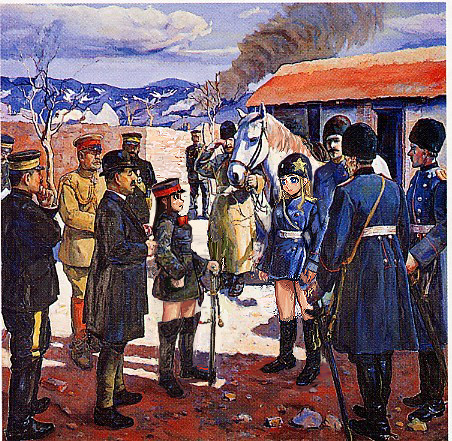 animal, boots, bowler_hat, fine_art_parody, fur_hat, genderswap, hat, historical_event, horse, imperial_japanese_army, lowres, military, military_uniform, nogi_maresuke, painting, parody, peaked_cap, photoshop, russia, shako_cap, sword, uniform, weapon, what