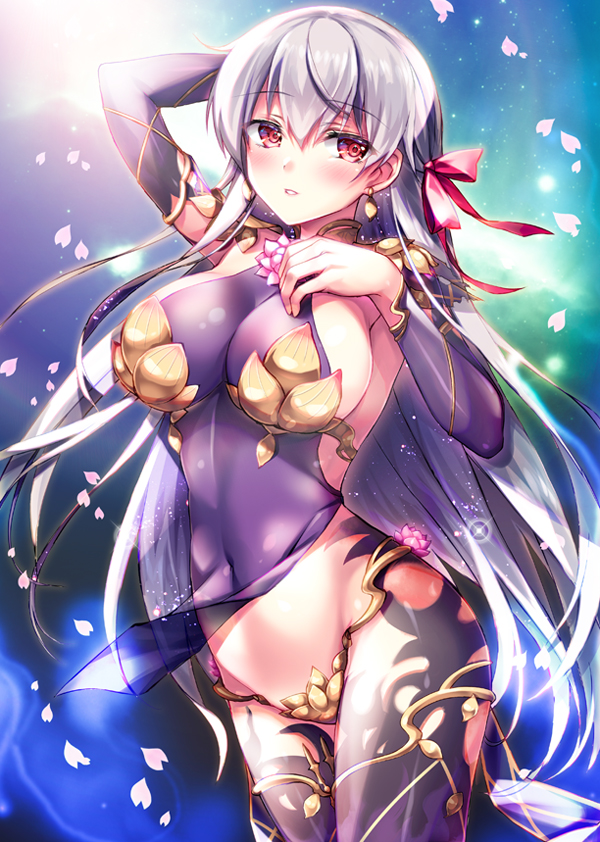 1girl, arm_up, armor, bangs, bikini_armor, blush, breasts, covered_navel