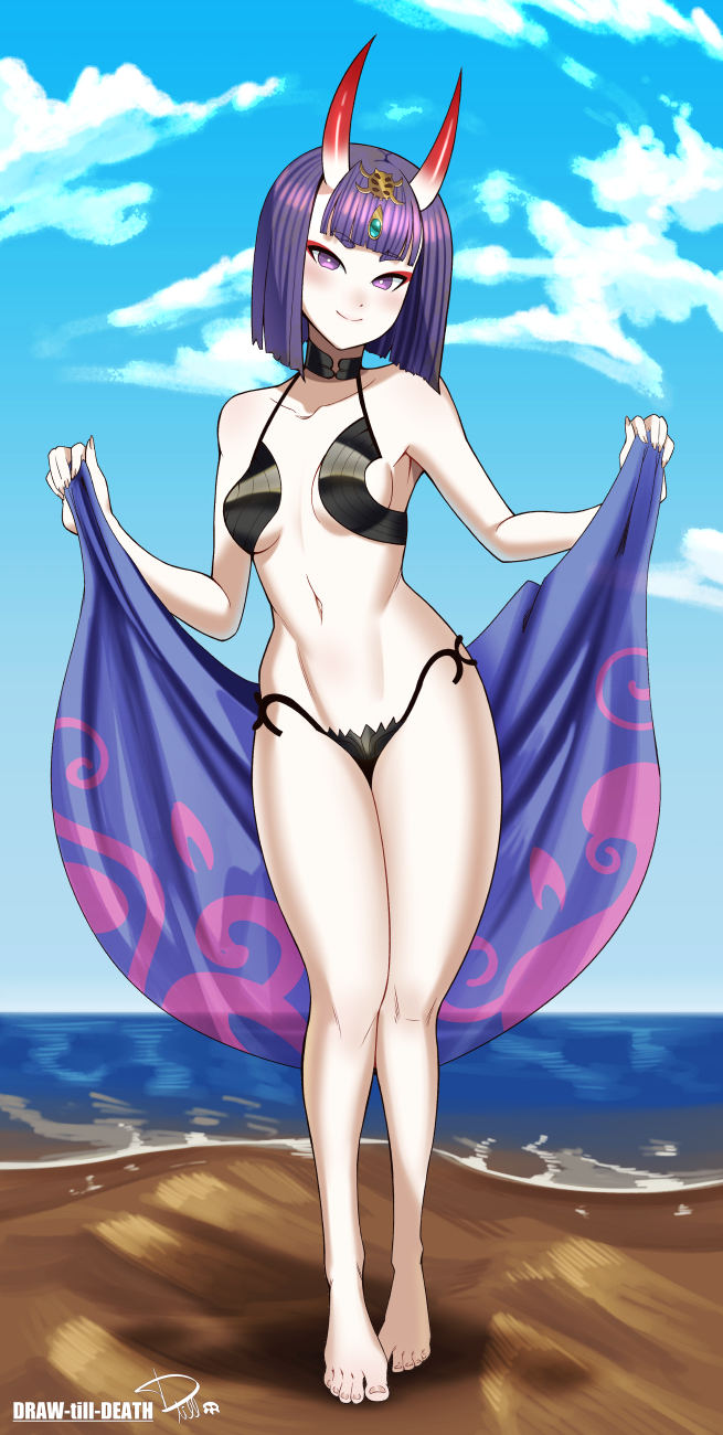 1girl, bangs, barefoot, beach, blue_sky, blunt_bangs, blush, breasts