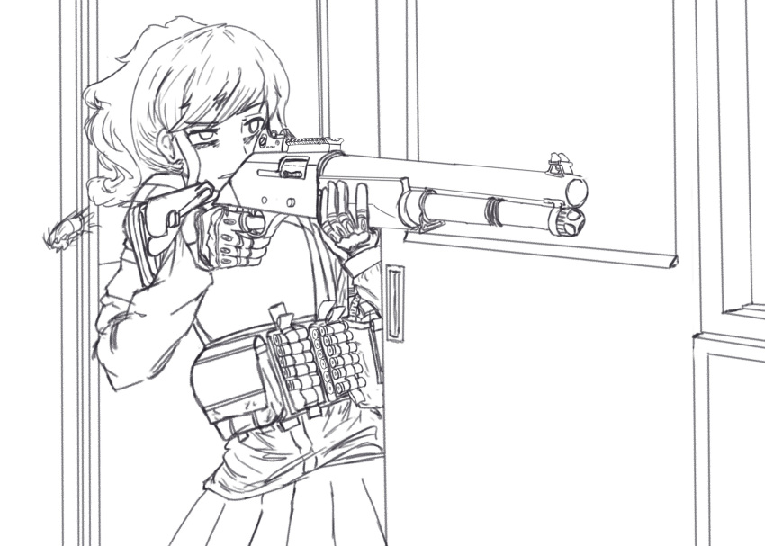 1girl, absurdres, aiming, ammunition_pouch, benelli_m4, commentary, fingerless_gloves, gloves