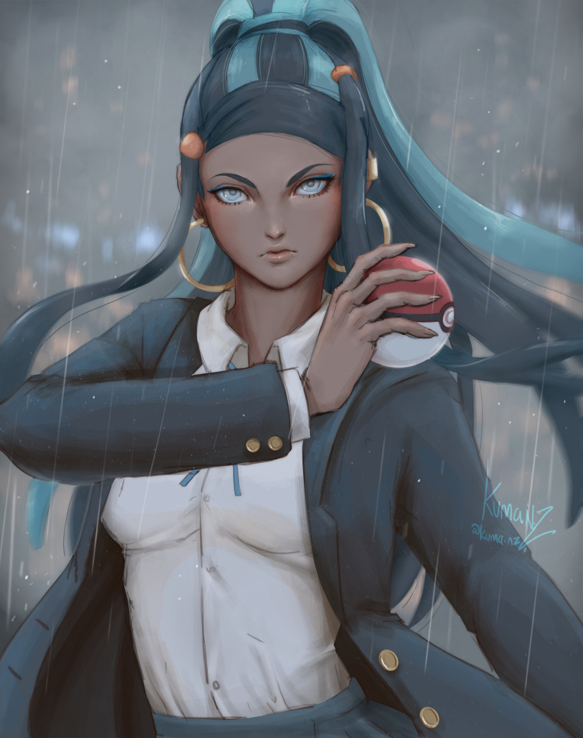 1girl, absurdres, almond_eyes, artist_name, blue_eyeshadow, cuff_links, dark_skin, earrings, formal, highres, hoop_earrings, jewelry, kumanz, nintendo, parted_lips, poke_ball, pokemon, rain, rurina_(pokemon), serious, solo, suit, twitter_username