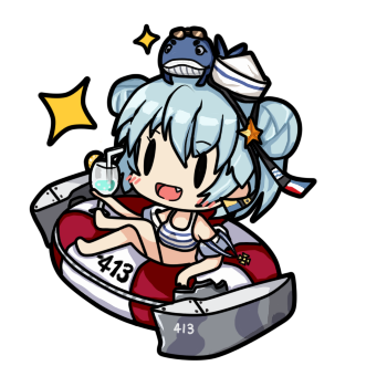 1girl, 1other, bamomon, bikini, blue_hair, chibi, dixie_cup_hat, double_bun