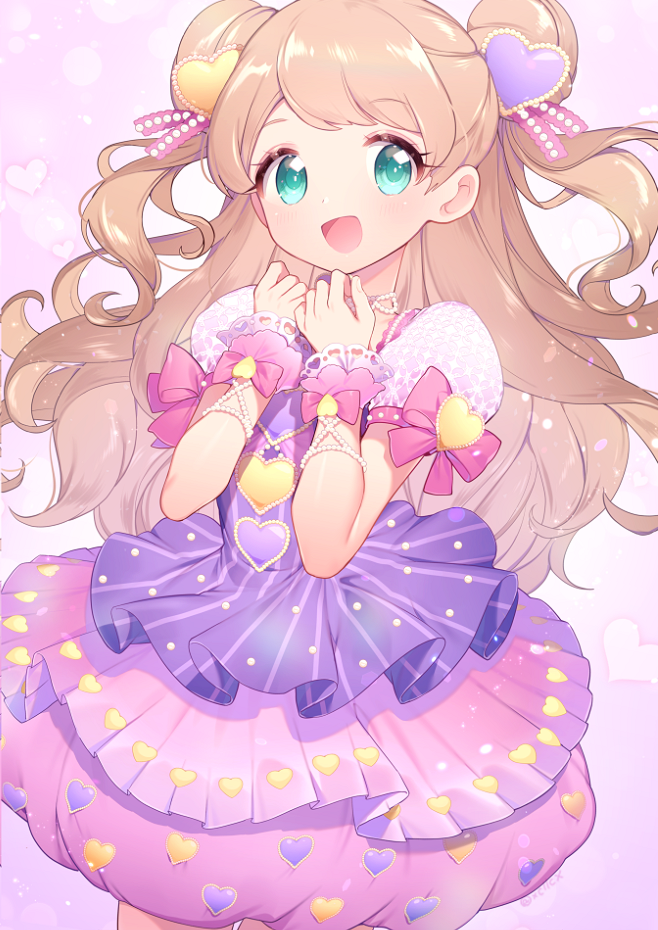 1girl, :d, aqua_eyes, bangs, bow, brown_hair, double_bun, dress