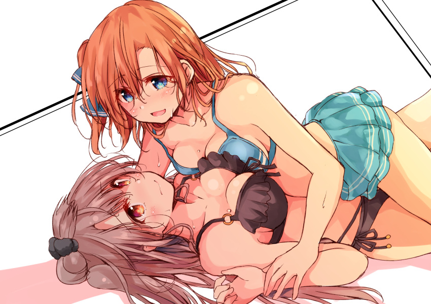 2girls, :d, absurdres, asymmetrical_docking, bangs, bikini, bikini_skirt, black_bikini