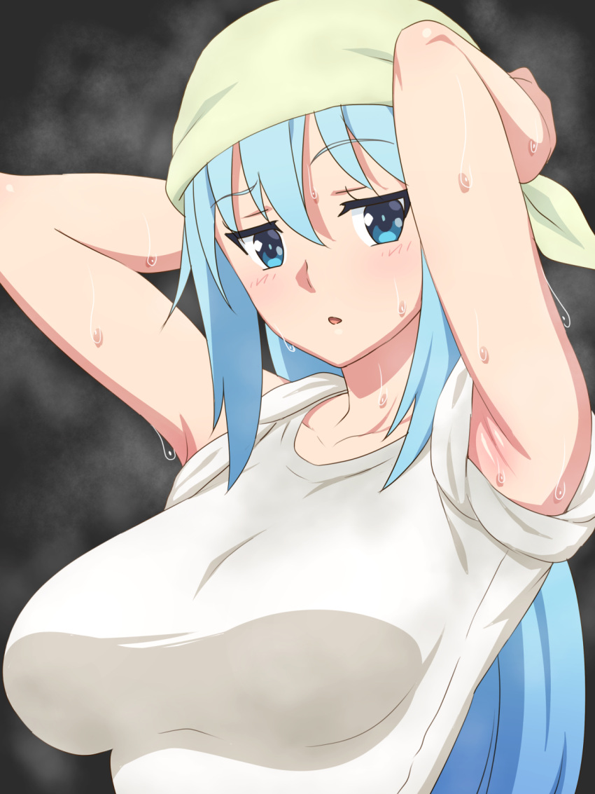 1girl, :o, alternate_hairstyle, aqua_(konosuba), armpits, arms_behind_head, arms_up, bandana