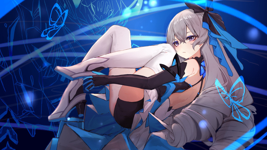 1girl, bangs, black_gloves, blue_ribbon, boots, breasts, bronya_zaychik, bronya_zaychik_(cyberangel)