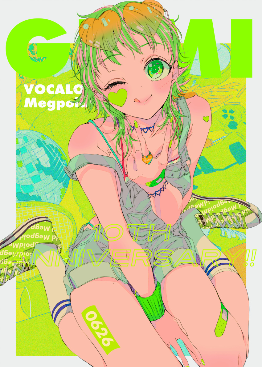 1girl, ;q, anniversary, bandaid, bandaid_on_hand, bandaid_on_leg, bangs, between_legs