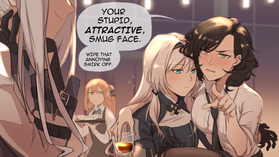 4girls, ak-12_(girls_frontline), alcohol, an-94_(girls_frontline), black_hair, black_neckwear, blue_eyes, blush, brown_hair, closed_mouth, cup, drunk, english_text, female_commander_(girls_frontline), girls_frontline, green_eyes, holding, holding_cup, long_hair, m1903_springfield_(girls_frontline), maiqtells, mole, mole_under_mouth, multiple_girls, necktie, pointing, shirt, speech_bubble, white_hair, white_shirt