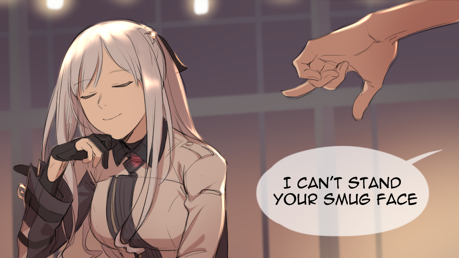 1girl, ak-12_(girls_frontline), black_gloves, closed_mouth, english_commentary, english_text, eyebrows_visible_through_hair, girls_frontline