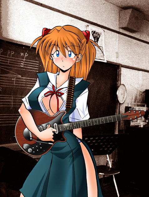 blue_eyes, blush, breasts, guitar, hetano_yokozuki, huge_breasts, instrument, instruments
