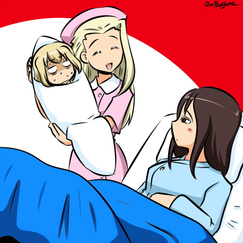 3girls, :d, alternate_costume, baby, baby_carry, bangs, black_hair, blank_eyes