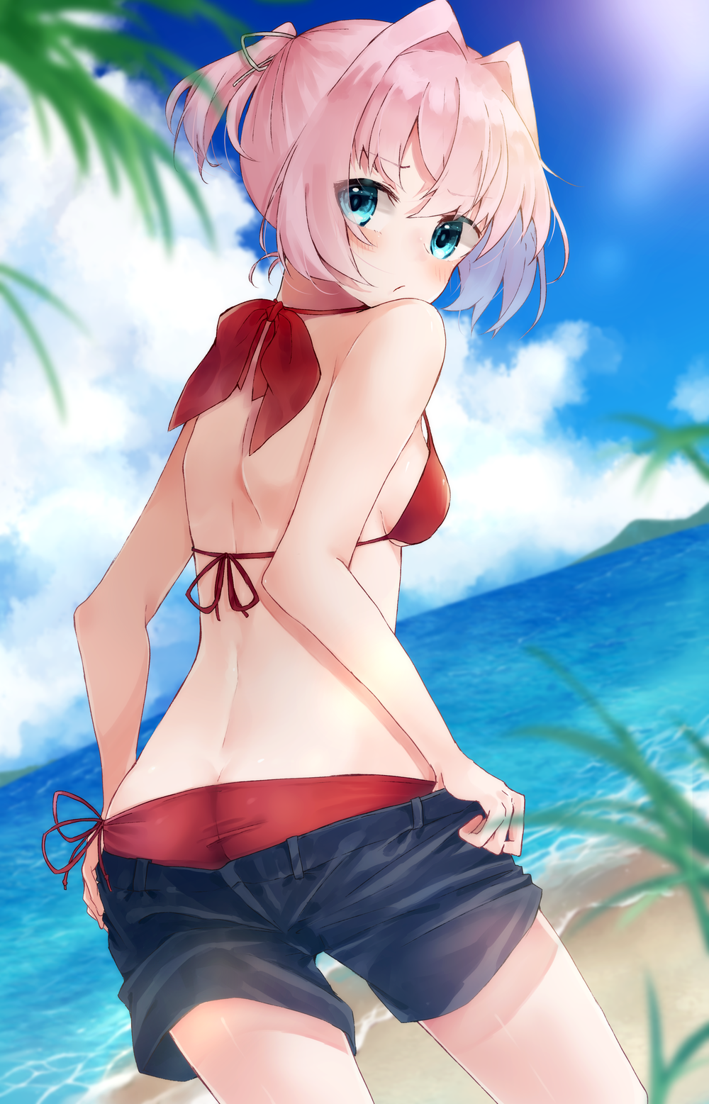 1girl, ass, beach, bikini, black_shorts, blue_eyes, blue_sky, clouds
