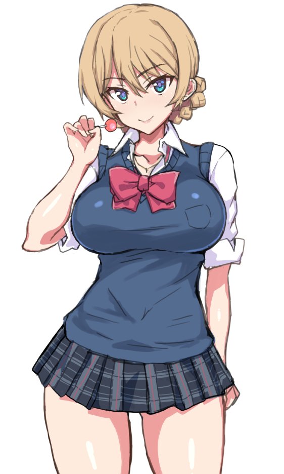 1girl, alternate_costume, arm_behind_back, bangs, black_skirt, blonde_hair, blue_eyes, blue_sweater