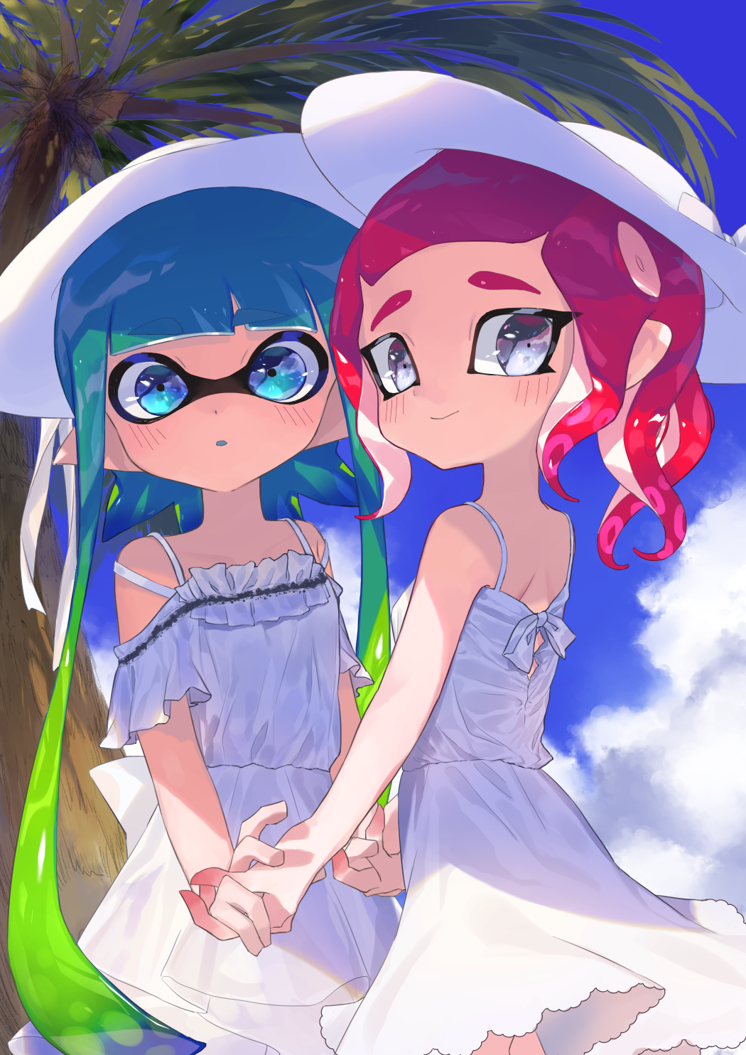 2girls, amatcha, blue_eyes, blue_hair, blue_sky, dress, green_hair, grey_eyes