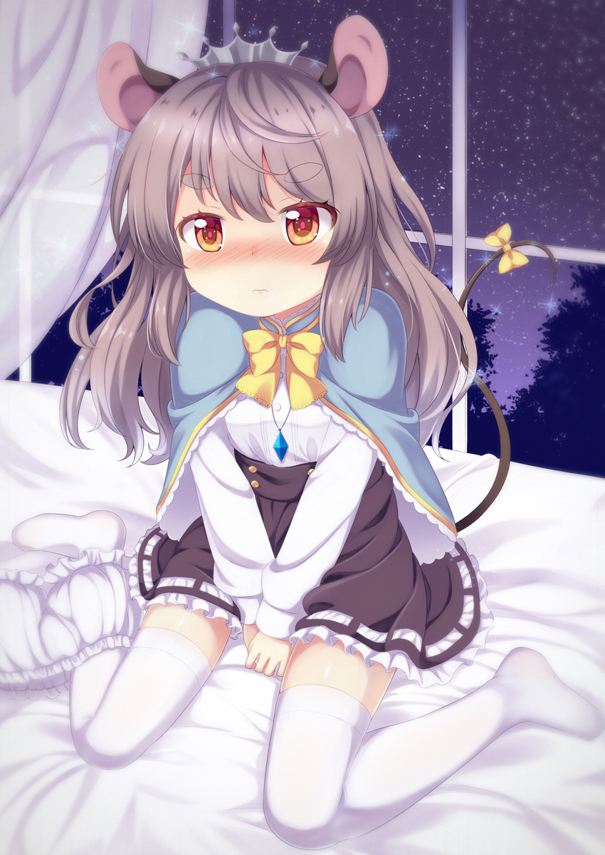 1girl, adapted_costume, alternate_hair_length, alternate_hairstyle, animal_ears, bangs, between_legs, black_skirt, bloomers, bloomers_around_one_leg, blue_capelet, blush, bow, bowtie, capelet, commentary_request, crown, curtains, embarrassed, expressionless, eyebrows_visible_through_hair, grey_hair, hand_between_legs, highres, indoors, jewelry, long_hair, long_sleeves, looking_at_viewer, mouse_ears, mouse_tail, nazrin, night, night_sky, no_shoes, on_bed, pendant, petticoat, red_eyes, shirt, sitting, skirt, sky, solo, sparkle, star_(sky), starry_sky, tail, tail_bow, thick_eyebrows, thigh-highs, tomo_takino, touhou, underwear, v_arms, wariza, white_legwear, white_shirt, window, yellow_neckwear